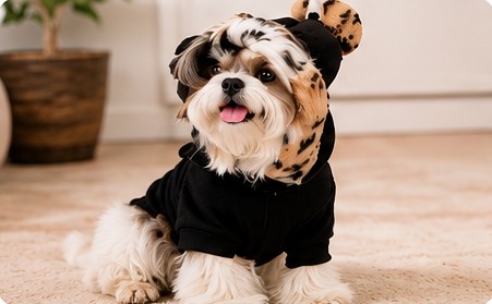 Cachorro com moletom preto de capuz com orelhas