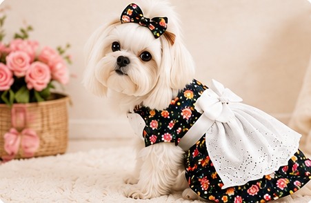 Cachorro maltês com vestido floral e laço