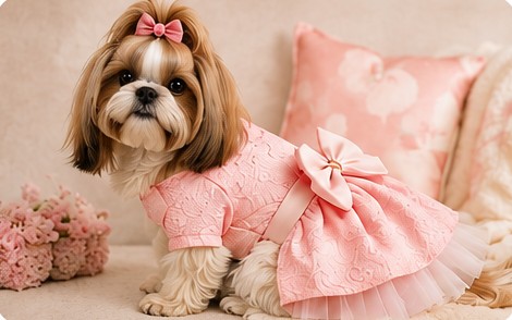 Shih tzu com vestido rosa de festa