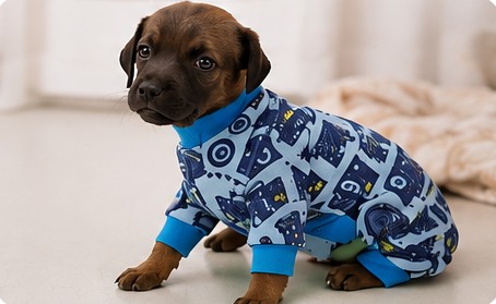 Filhote com pijama azul estampado