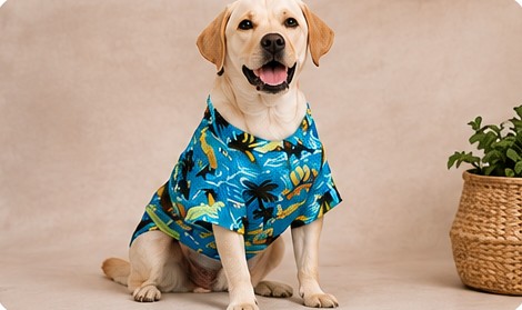 Labrador com camisa havaiana estampada