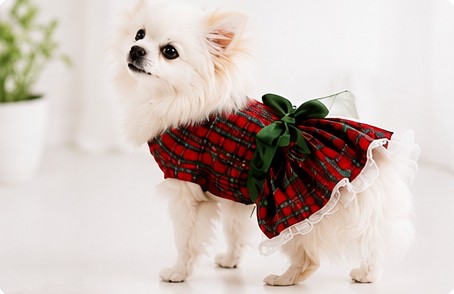 Lulu da pomerânia com vestido xadrez de Natal